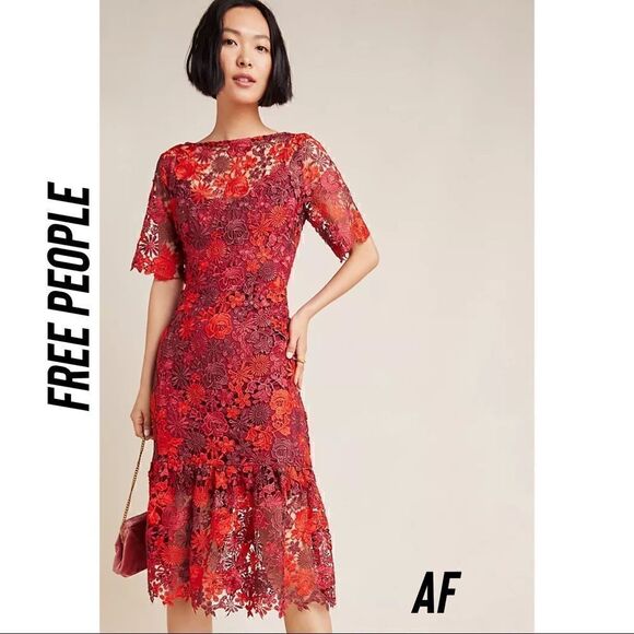Eva Franco For Free People Bridgitte Embroidered Midi Dress New 14 Orange Red - Picture 5 of 9